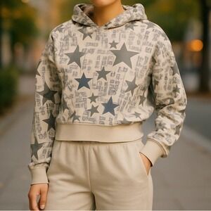 Social Scene Hoodie S NWT Cropped Star Print Gray Graphic Pullover Y2K Street
